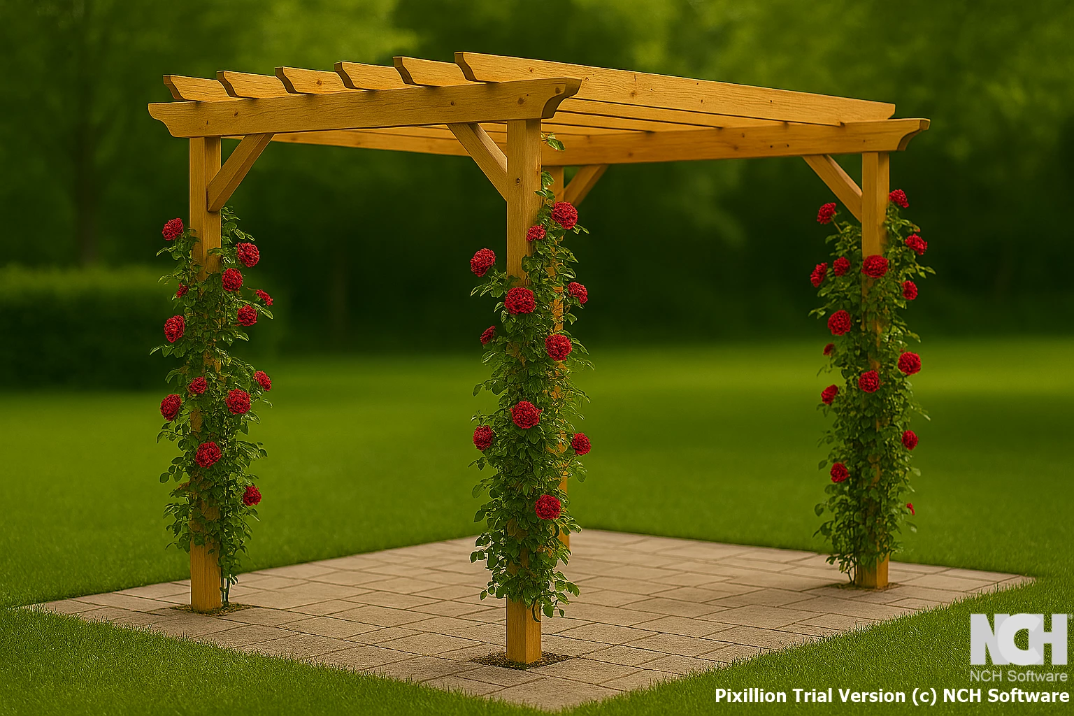 Puusta tehty pergola laattojen päällä