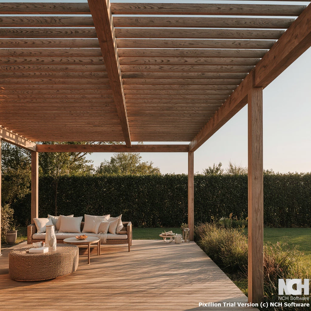 Erillinen pergola omakotitalon pihalla